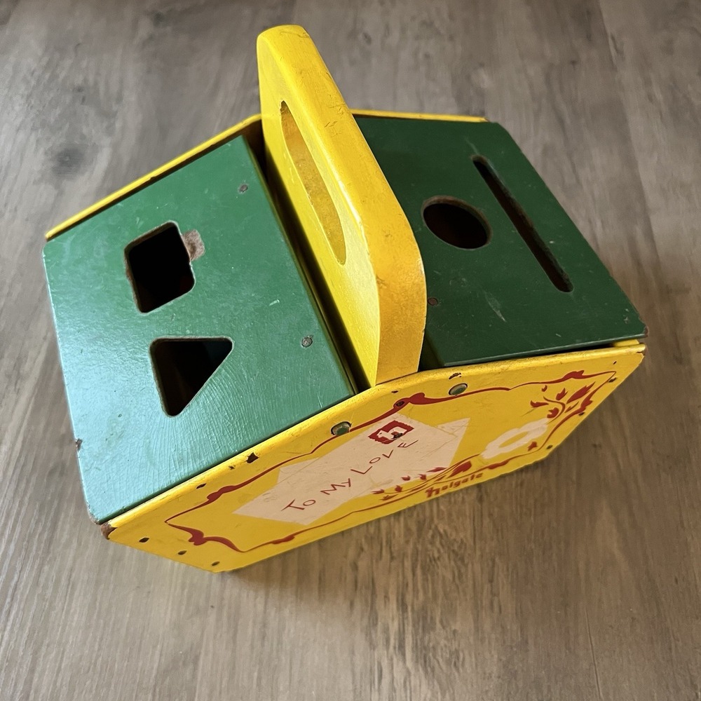 Vintage Holgate Wooden Picnic Basket Shape Sorter w/Blocks Shapes Fair Condition